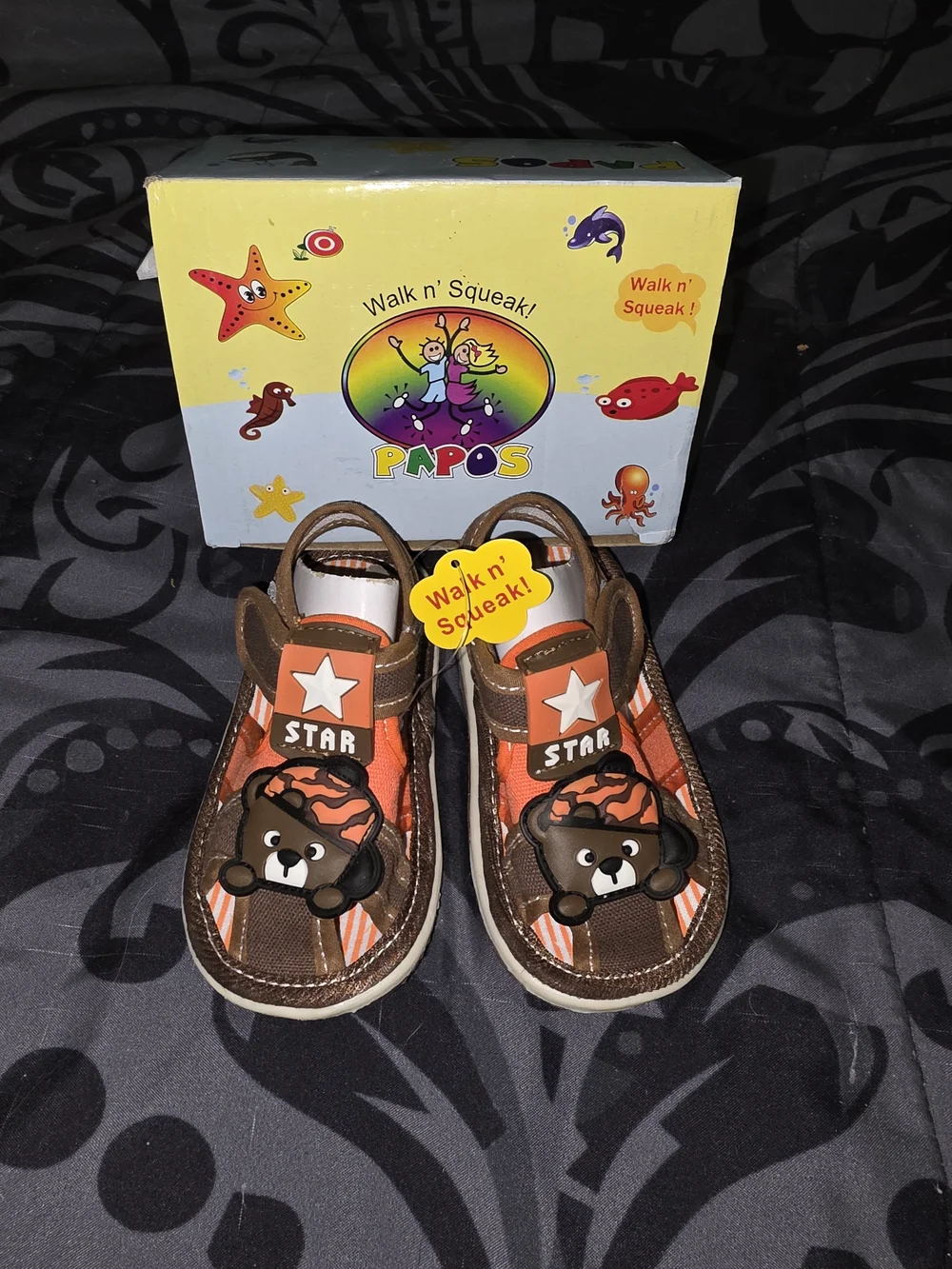 Brown & Orange Baby Walker Shoes with Bear Accent